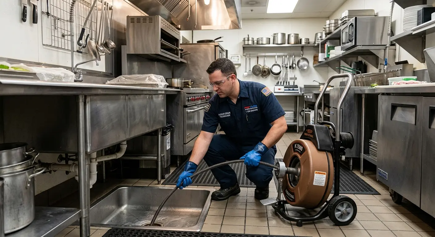 Commercial drain cleaning service in a restaurant kitchen in Hickam Housing