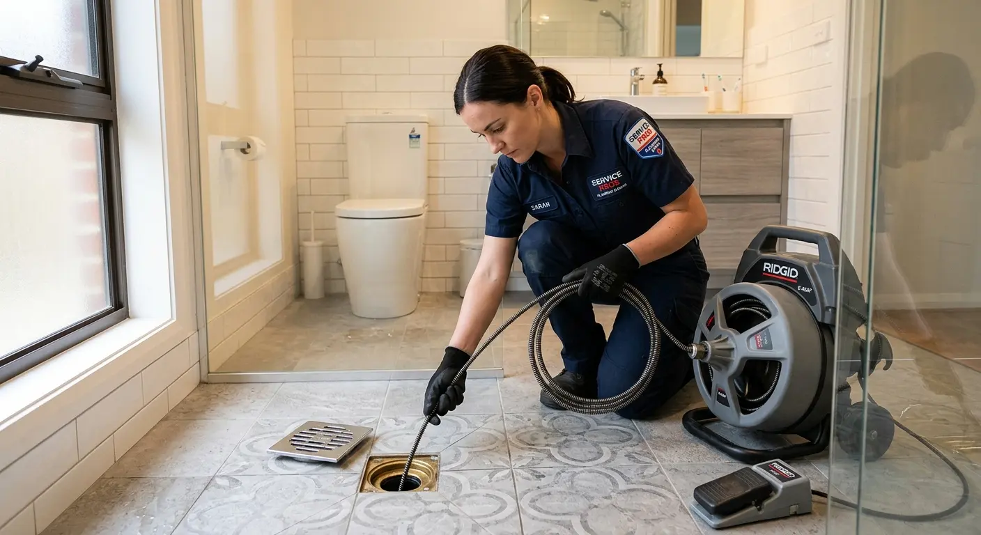 Technician clearing a bathroom floor drain for Sewer Line Replacement in Hickam Housing